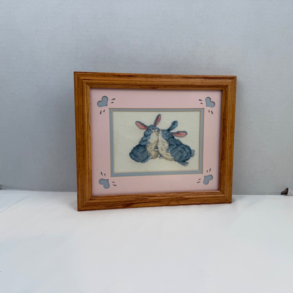 Vintage Framed Bunny Rabbit Cross Stitch Wall Art Pink Heart Mat Oak Frame